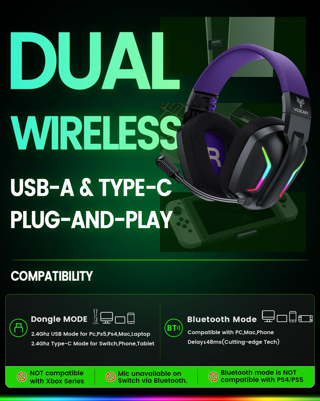WESEARY Aurora Wireless Gaming Headset