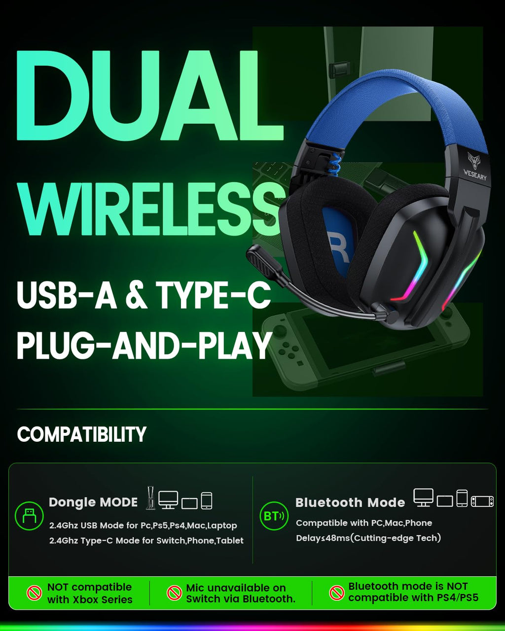 WESEARY Aurora Wireless Gaming Headset
