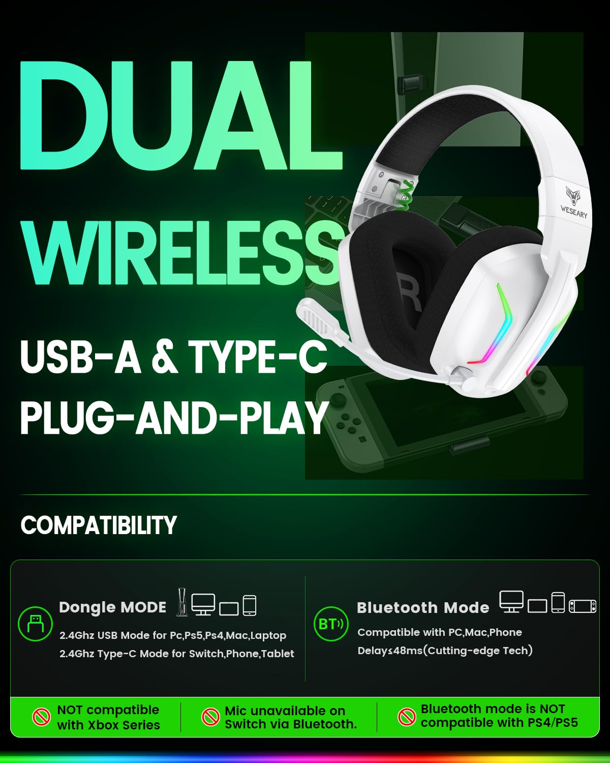 WESEARY Aurora Wireless Gaming Headset