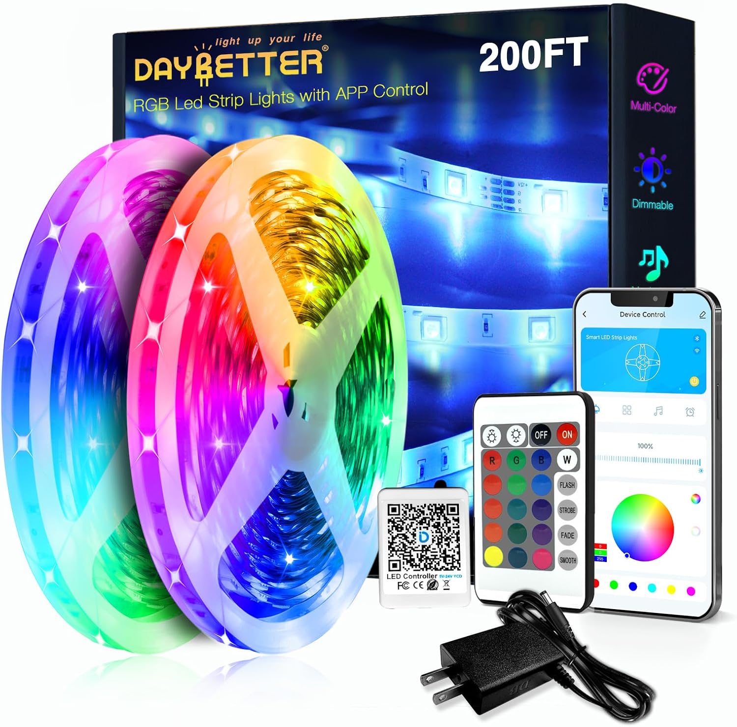 DAYBETTER LED Strip Lights 200ft 2 * 100ft RGB Music Sync